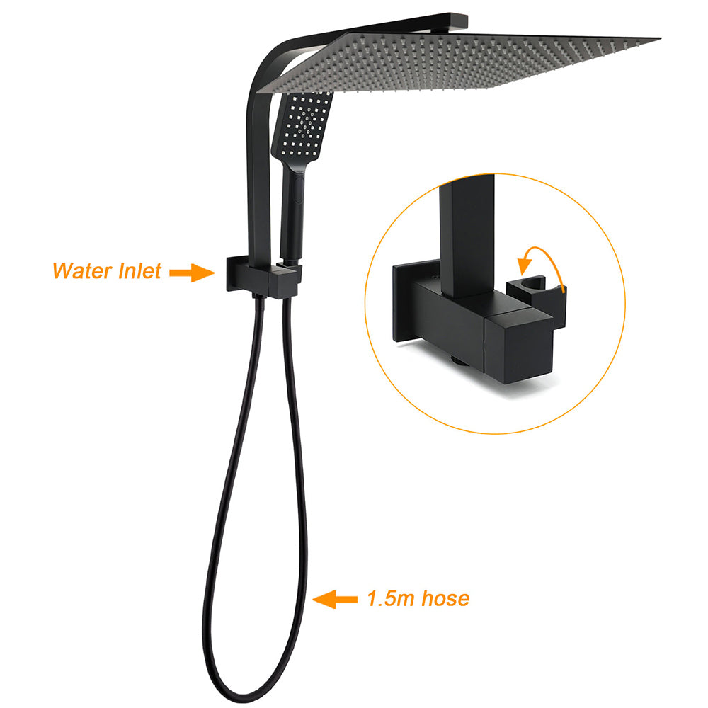 Matt Black 2in1 Set 16" Large Shower Head 3 Modes Handheld Gooseneck Arm Twin Taps Set - Image 2