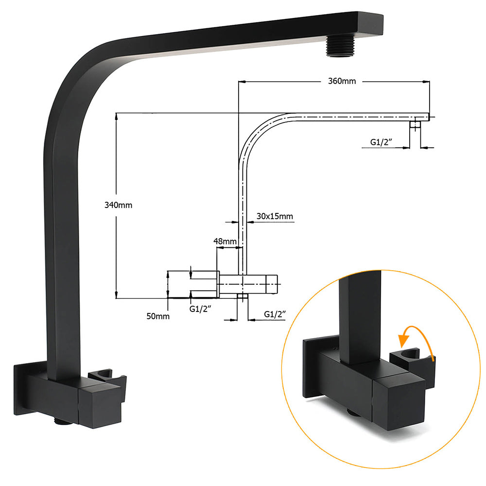 Matt Black Twin Set 16" Extra Large Shower Head 3 Modes Handheld Gooseneck Arm Wall Mixer - Image 3
