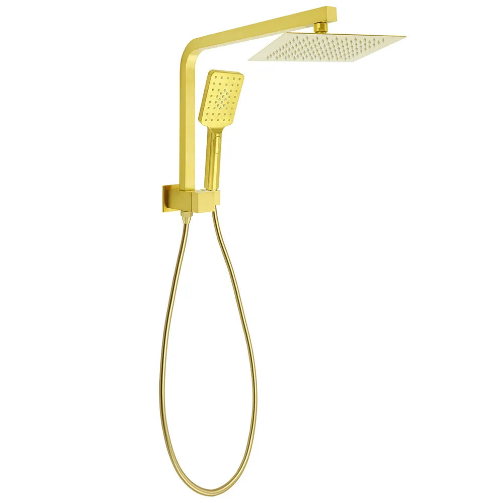WELS Brushed Gold Twin Shower 8" Rain Head Handheld Diverter Wall Arm Square