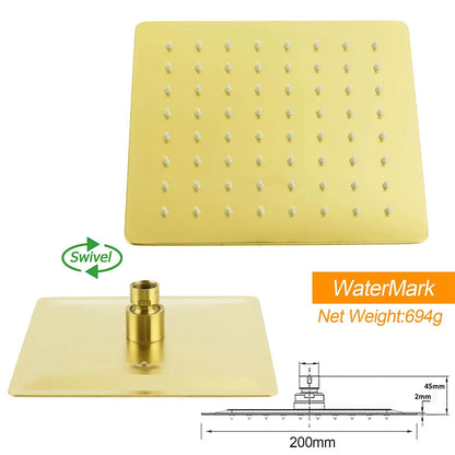 WELS Brushed Gold Twin Shower 8" Rain Head Handheld Diverter Wall Arm Square - Image 6