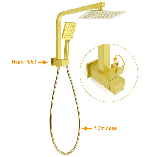 WELS Brushed Gold Twin Shower 8" Rain Head Handheld Diverter Wall Arm Square Taps - Image 2