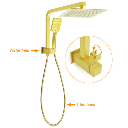 Brushed Gold Twin Shower 10" Rain Head Handheld Diverter Wall Arm Set Square - Image 2
