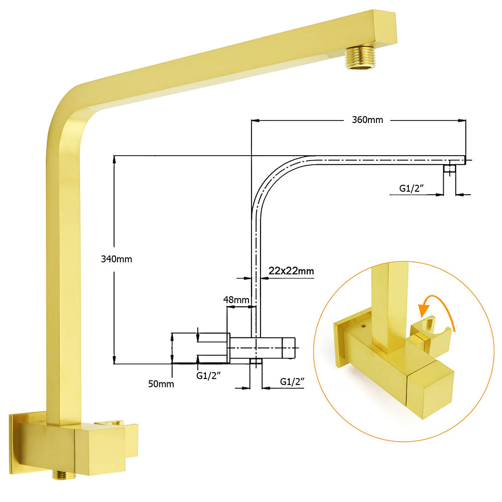 Brushed Gold Twin Shower 10" Rain Head Handheld Diverter Wall Arm Set Square - Image 3