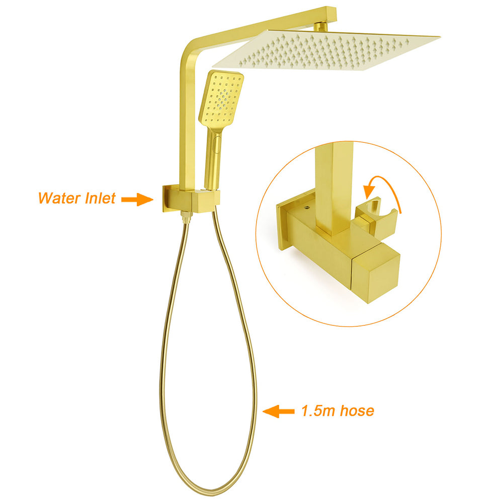 Brushed Gold Twin Shower 12" Rain Head Handheld Diverter Gooseneck Arm Set Square Wall Mixer - Image 2