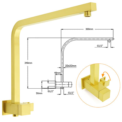 Brushed Gold Twin Shower 12" Rain Head Handheld Diverter Gooseneck Arm Set Square Wall Mixer - Image 3
