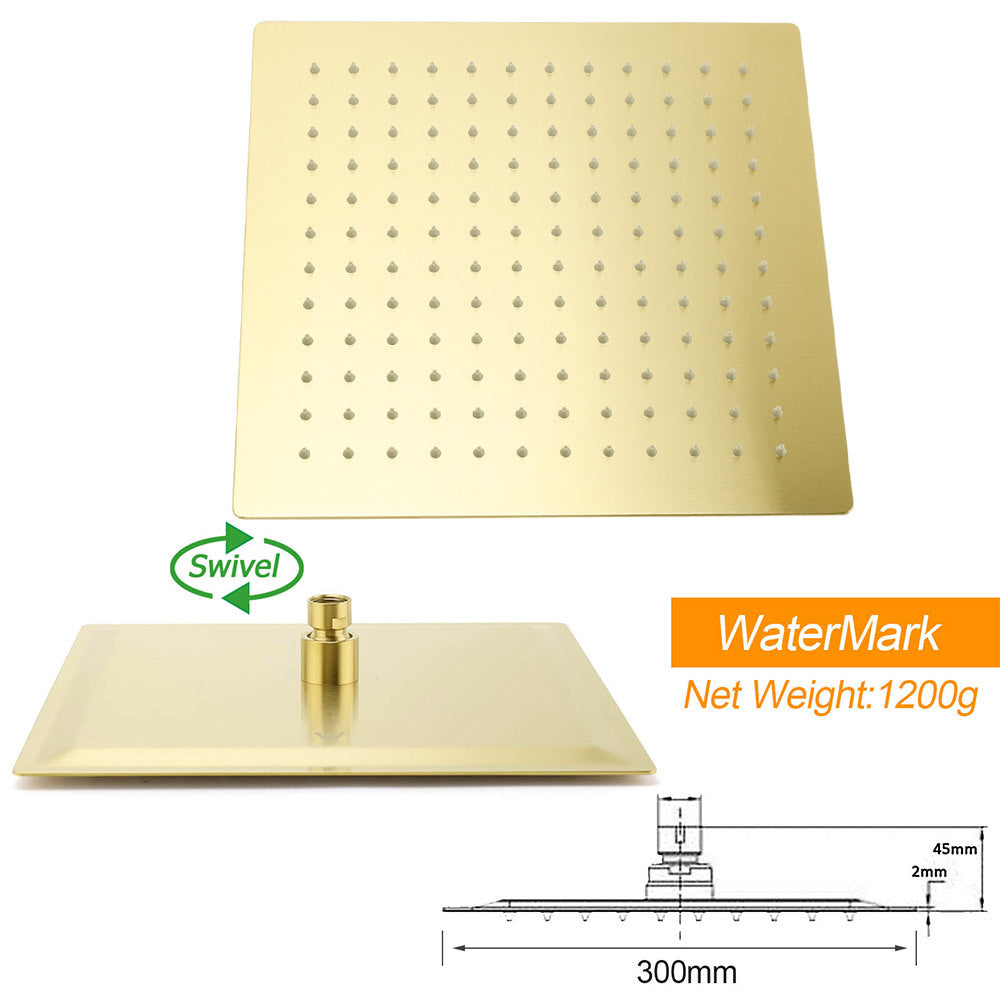 Brushed Gold Twin Shower 12" Rain Head Handheld Diverter Gooseneck Arm Set Square Wall Mixer - Image 5