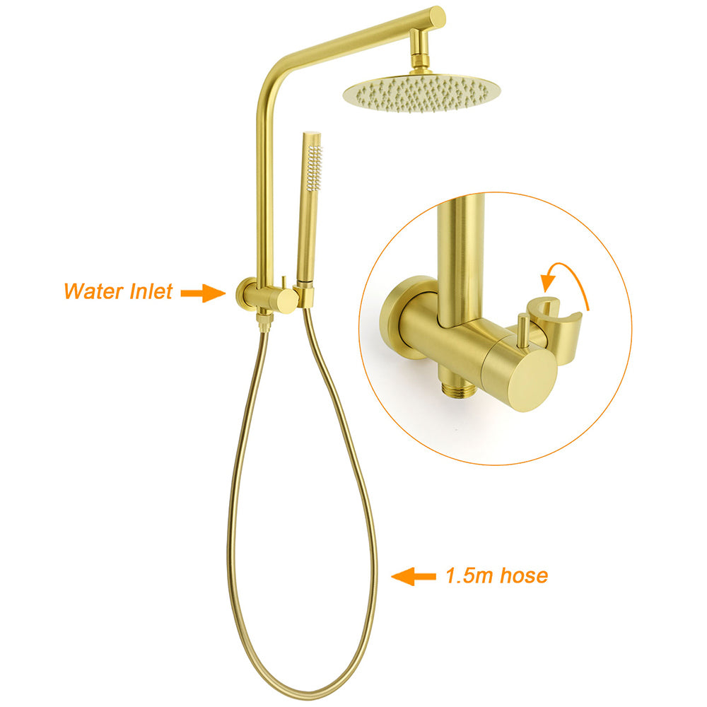 WELS Brushed Gold Round Twin Shower Head Set Diverter Wall Arm Stainless Steel Handheld Rose - Image 2