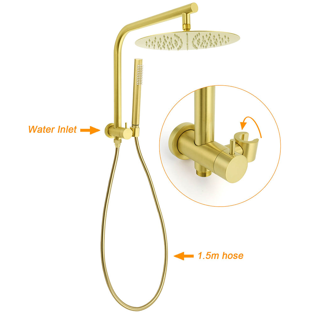 Brushed Gold 2in1 Round Large 12" Rainfall Shower Head Metal Handheld Wall Arm Bath Mixer - Image 2