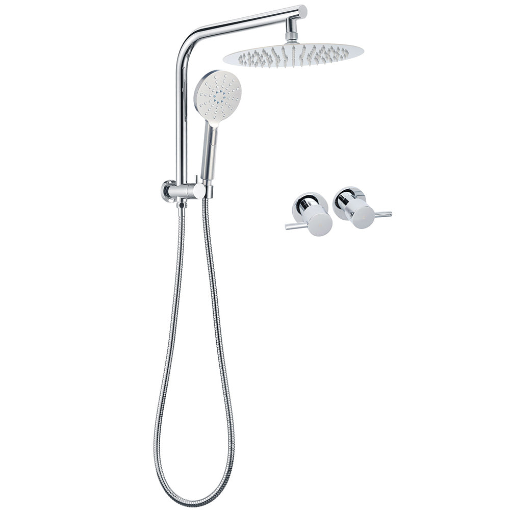 WELS Chrome Round 10" Rain Shower Head Handheld Sliding Rail DIY 2in1 Twin Taps Set