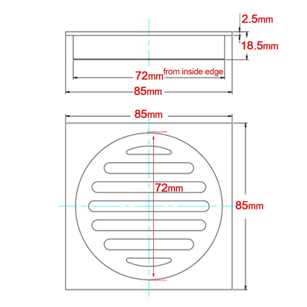 Matt Black Stainless Steel 85x85mm Small Square Shower Grate Floor Drain 72mm Outlet - Image 2