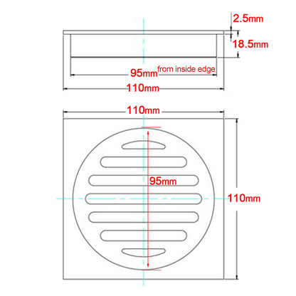 Chrome Stainless Steel 110mm Small Square Shower Grate Floor Drain 95mm Outlet - Image 2