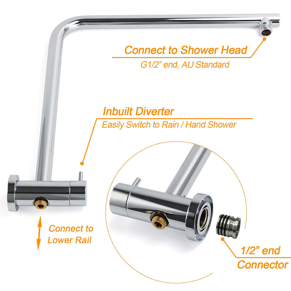 Chrome 250mm Rain Shower Head Round Handheld Sliding Rail Diverter Arm Twin Taps Set - Image 4