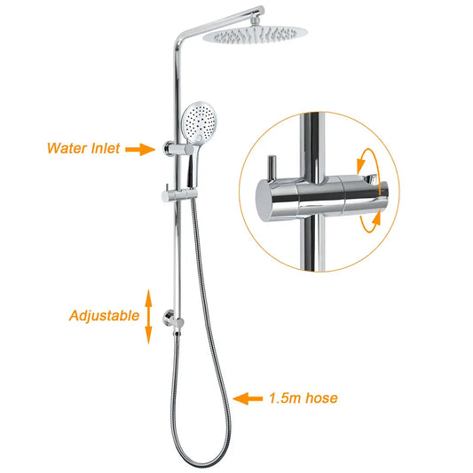 WELS Chrome 10" Rain Shower Head Round Handheld Sliding Rail Diverter Arm Twin Set Mixer - Image 2