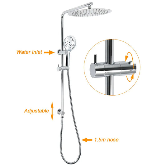 WELS Round Shower Head Handheld Sliding Rail Arm Chrome 12" Rainfall 2in1 Mixer Set - Image 2