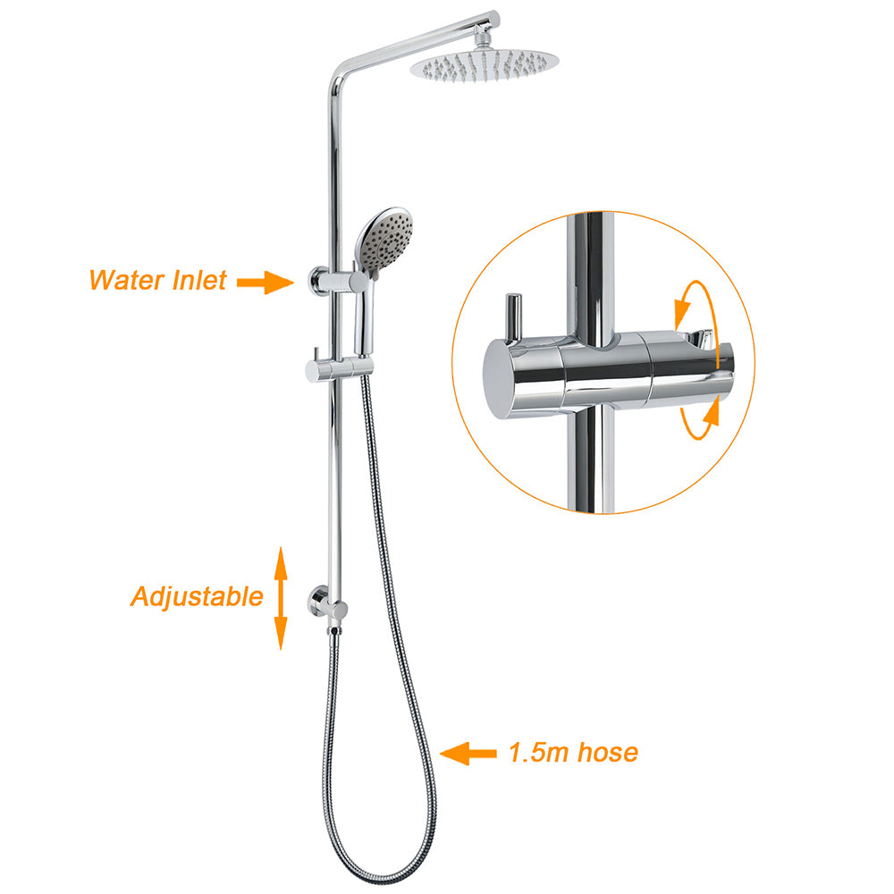 WELS Chrome Dual 8" Slim Rain Shower 5 Modes Rose Mixer Valve Sliding Rail Set + Taps - Image 2