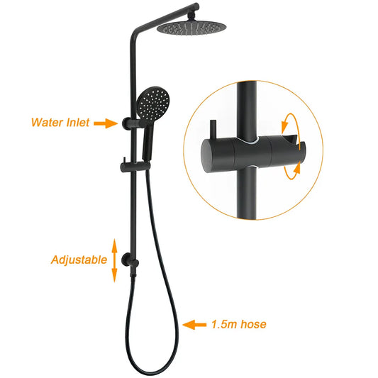 WELS Matt Black Round 2in1 8" Shower Head Sliding Rail Arm 3 Modes Handheld Set - Image 2