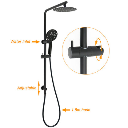 WELS Matt Black Round 2in1 8" Shower Head Sliding Rail Arm 3 Modes Handheld Mixer Set - Image 2