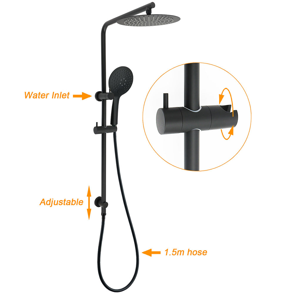 Matt Black Twin 10" Shower Head 3 Modes Handheld 2in1 Wall Rail Arm Round Taps - Image 2