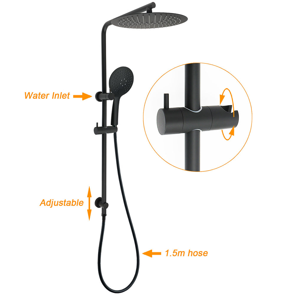Matt Black Shower Set 12" Large Rain Head Handheld Sliding Rail Arm Round WELS - Image 2