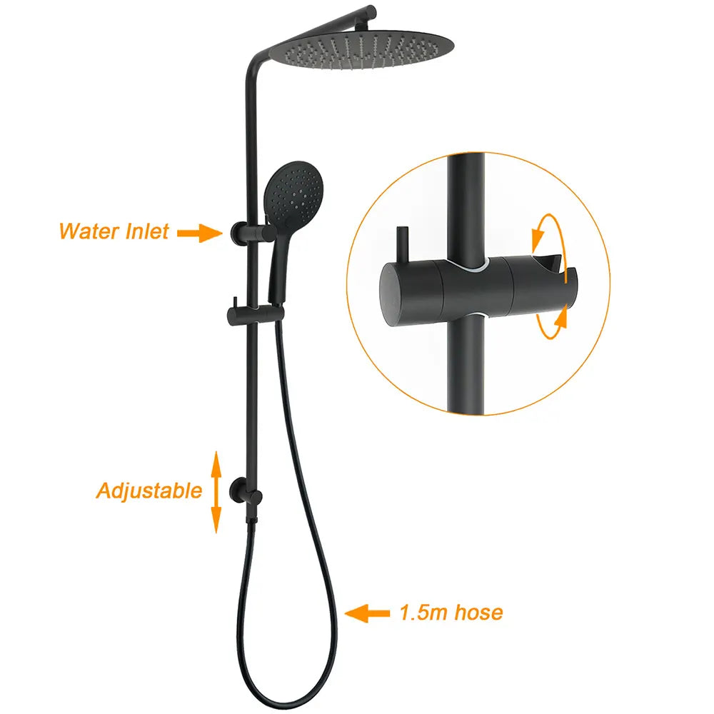 Matt Black Shower Set 12" Large Rain Head Handheld Sliding Rail Arm Round WELS - Image 2