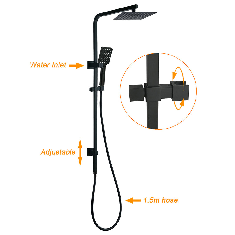 WELS Matt Black 8" Rainfall Shower Head 3 Modes Handheld Wall Rail Arm 2in1 Mixer Set - Image 2