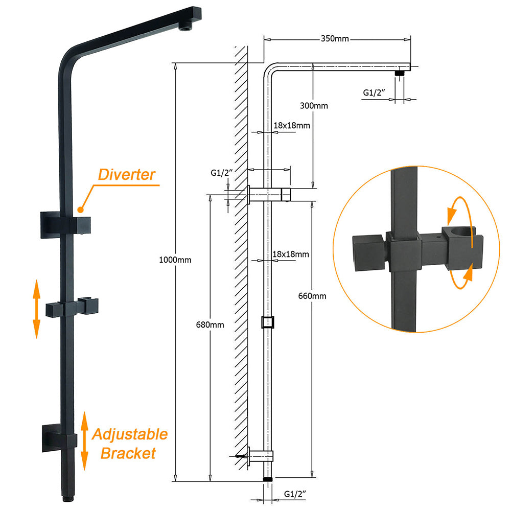 Matt Black Twin Shower Set Square 10" Rain Head 3 Modes Handheld Wall Arm Rail - Image 3
