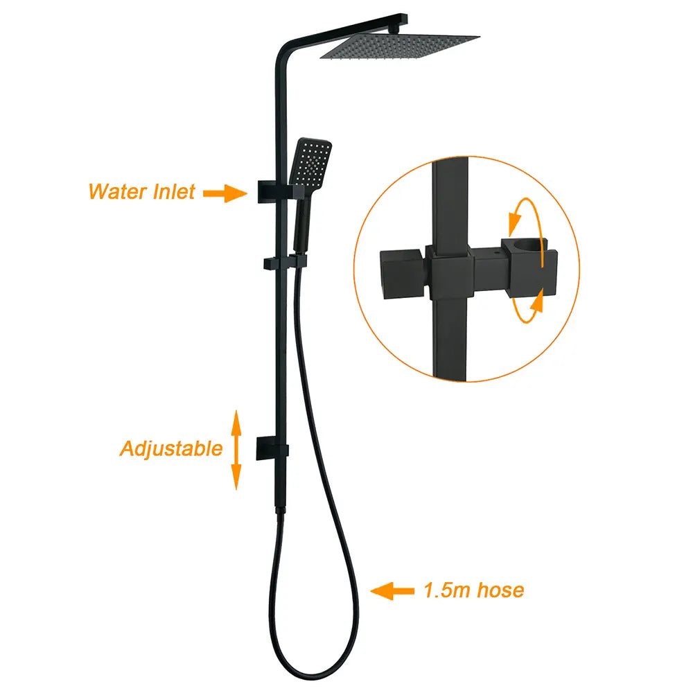 Matt Black Twin Shower Set Square 10" Rain Head 3 Modes Handheld Wall Arm Rail + Taps - Image 2