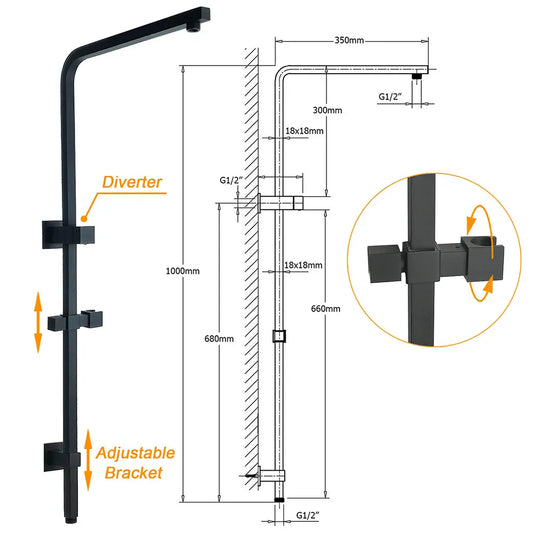 Matt Black Twin Shower Set Square 10" Rain Head 3 Modes Handheld Wall Arm Rail + Mixer - Image 3