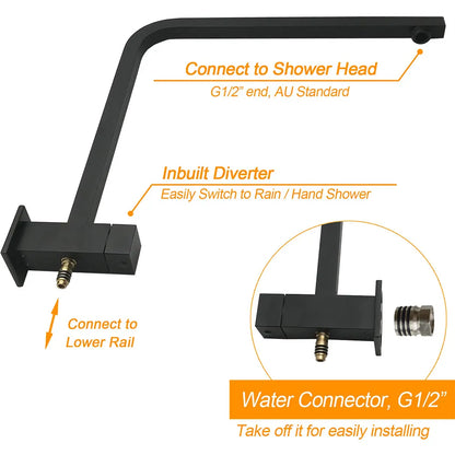 Dual Shower Square Large 12" Rainfall Head 3 Modes Handheld Wall Rail Matt Black - Image 4