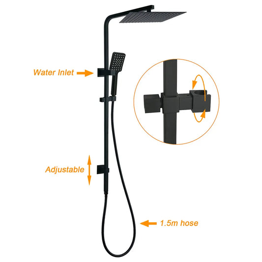 Dual Shower Square Large 12" Rainfall Head 3 Modes Handheld Wall Rail Twin Taps Matt Black - Image 2