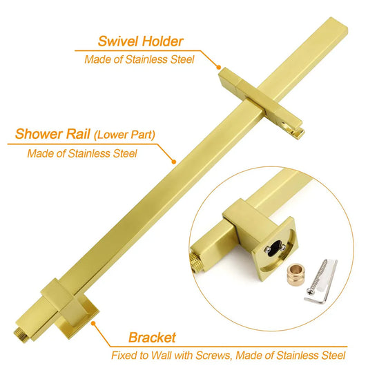 Brushed Gold 2in1 Set 8" Square Rain Shower Head 3 Modes Handheld Silde Rail Arm - Image 5