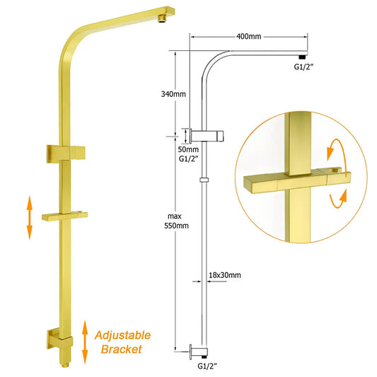 Brushed Gold Square Shower 10" Large Rain Head Handheld Silde Rail Arm 2in1 Set - Image 3