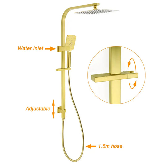 WELS Brushed Gold Square Shower 10" Large Rain Head Handheld Silde Rail Arm 2in1 Set + Mixer - Image 2