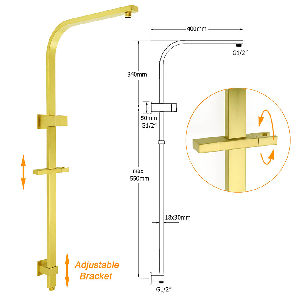 WELS Brushed Gold Square Shower 12" Large Rain Head Handheld Silde Rail Arm 2in1 Set - Image 7