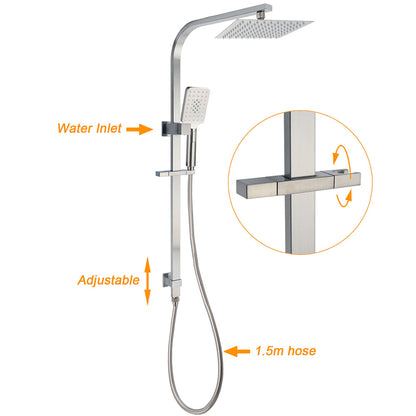 Brushed Nickel Square Twin Shower Set 8" Rain Head 3 Modes Handheld Silding Rail Arm - Image 2