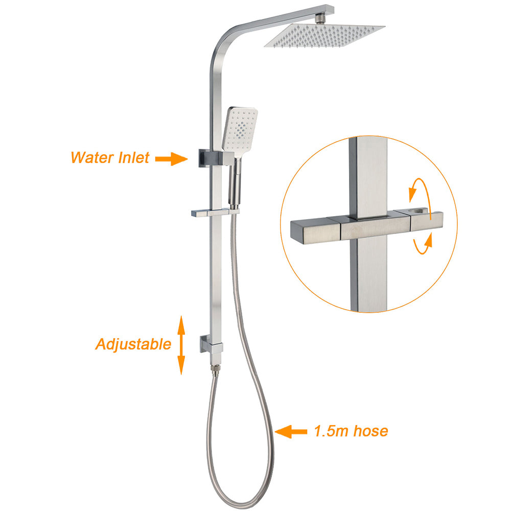 Brushed Nickel Square Twin Shower Set 8" Rain Head 3 Modes Handheld Silding Rail Mixer - Image 2