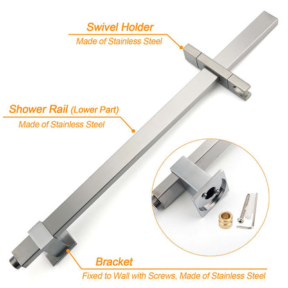 Brushed Nickel Square 2in1 Shower Set Large 12" Rain Head 3 Modes Handheld Silding Rail Arm - Image 7
