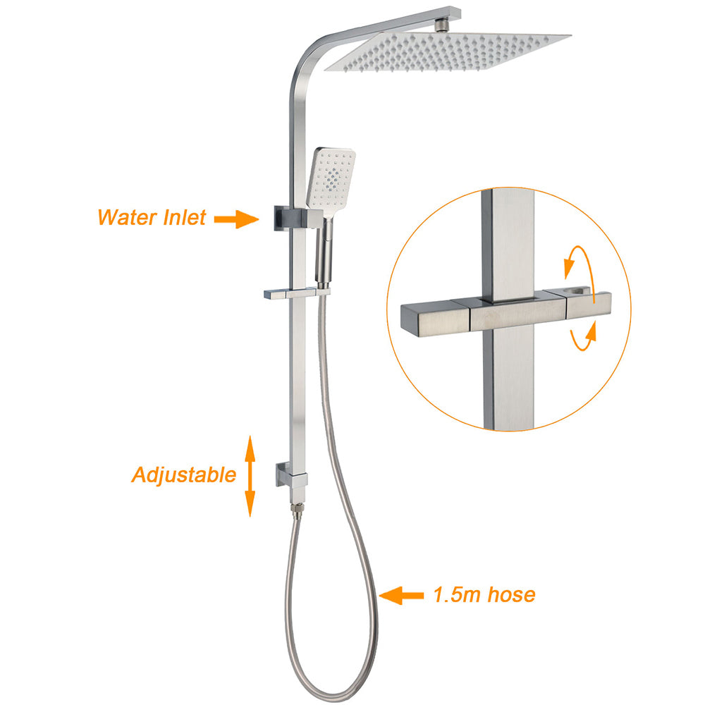 Brushed Nickel Square Twin Shower Set 12" Rain Head 3 Modes Handheld Silding Rail Wall Mixer - Image 2