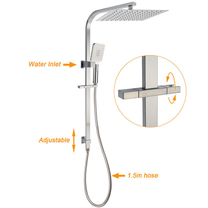 Brushed Nickel Square Twin Shower Set 12" Rain Head 3 Modes Handheld Silding Rail Wall Mixer - Image 2