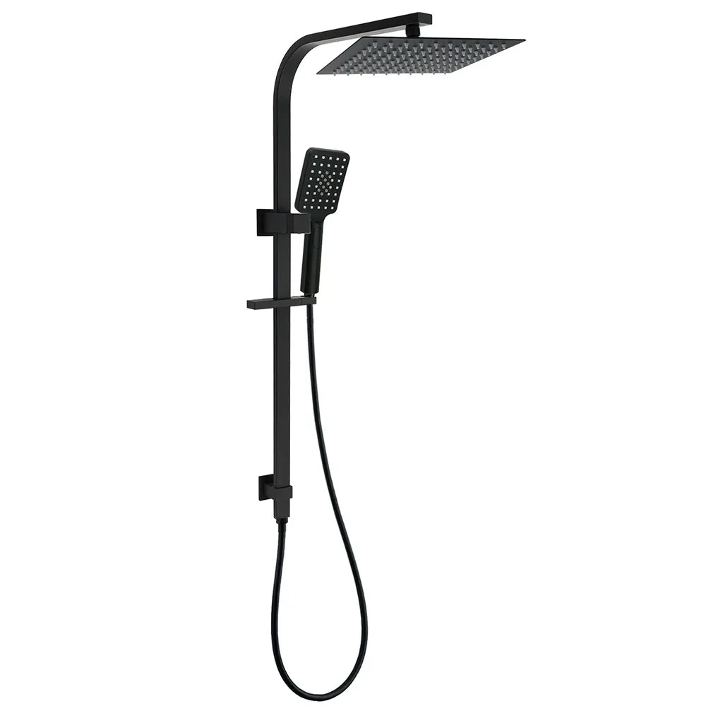 WELS Matt Black Dual Shower Set 10" Square Rain Head Handheld Silde Rail Arm Kit