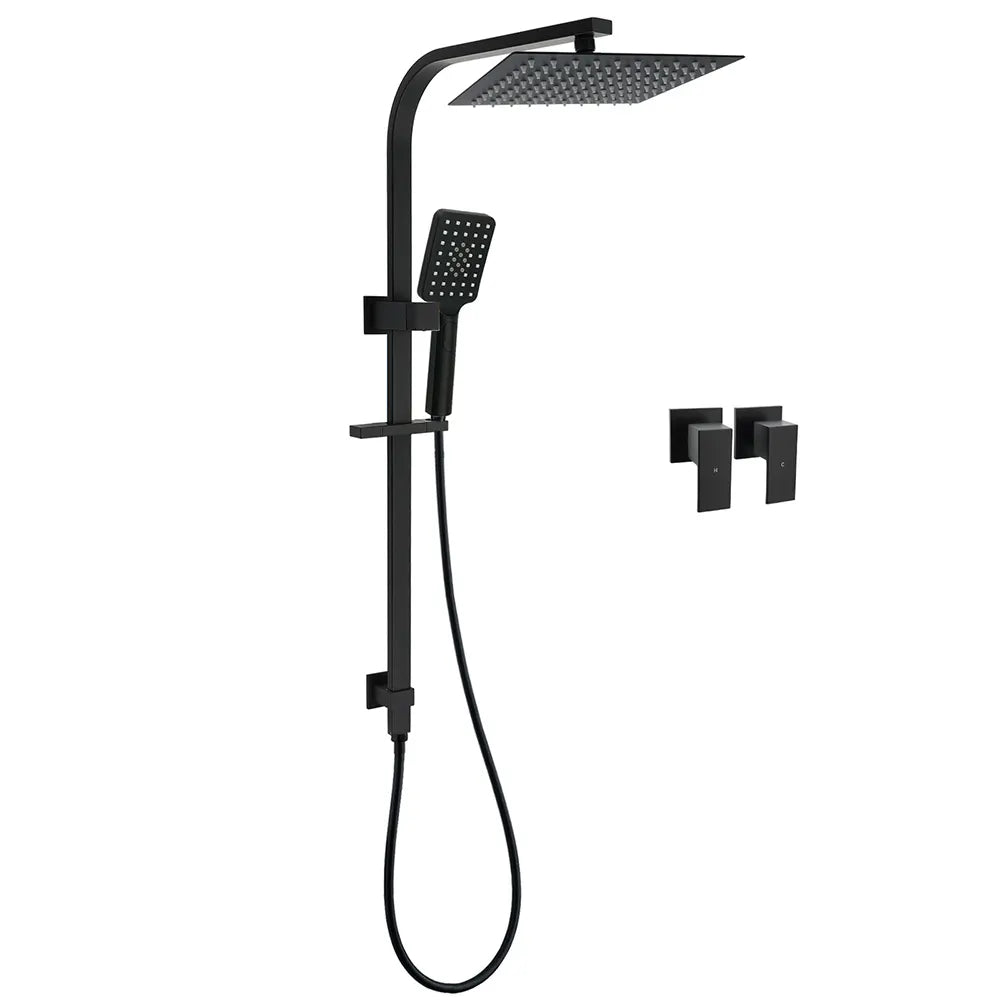 WELS Matt Black 2in1 Shower Set 10" Square Rain Head Handheld Silde Rail Arm Twin Taps