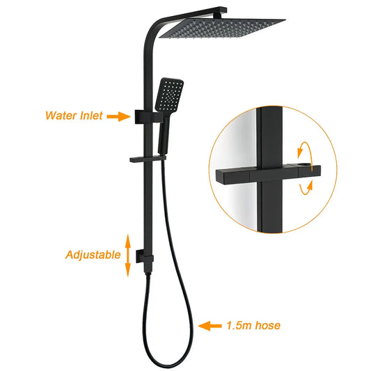 Dual Shower Set Matt Black 12" Rainfall Head 3 Modes Handheld Silding Rail Combo Double Taps - Image 2