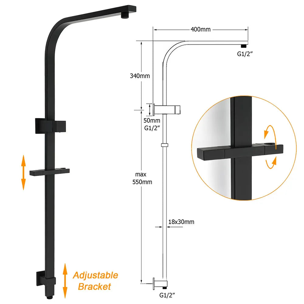 WELS Matt Black Dual Shower Set Large 16" Rainfall Head 3 Modes Handheld Silding Rail Combo Mixer - Image 3