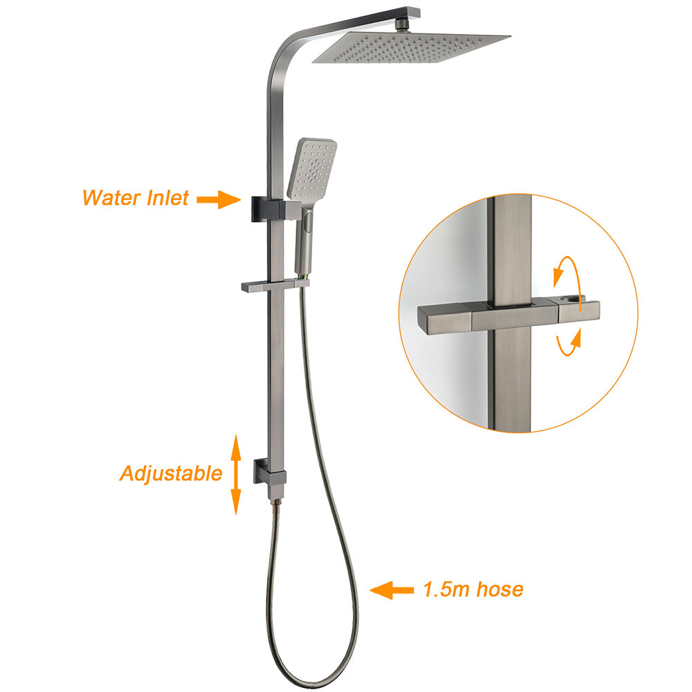 Gun Metal Double Square Shower Head Set 10" Rain Handheld Sliding Rail Diverter - Image 2
