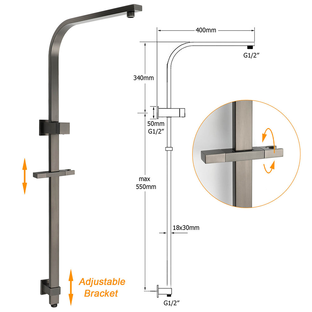 WELS Gun Metal Double Square Shower Head Set 10" Rain Handheld Sliding Rail Diverter Wall Mixer - Image 3