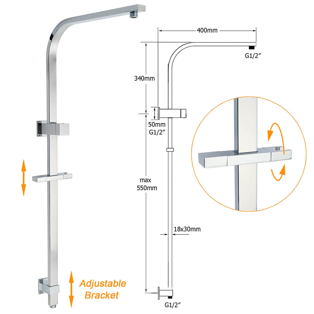 WELS Twin Square Shower Set 8" Rain Shower Head 3 Function Handheld Rail Arm Combo - Image 3