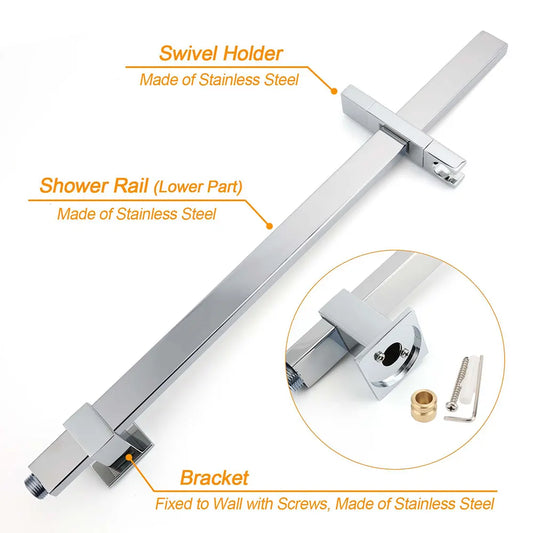 Chrome Twin Square Shower Set 8" Rain Shower Head 3 Function Handheld Rail Arm Taps - Image 5