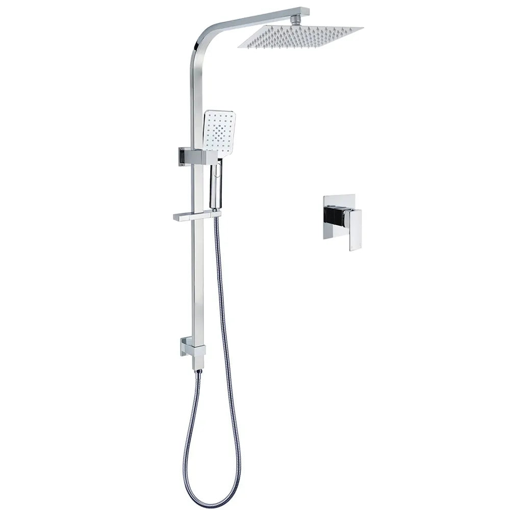 Chrome Twin Square Shower Set 8" Rain Shower Head 3 Function Handheld Rail Arm Mixer