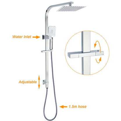 Chrome Twin Square Shower Set 8" Rain Shower Head 3 Function Handheld Rail Arm Mixer - Image 2