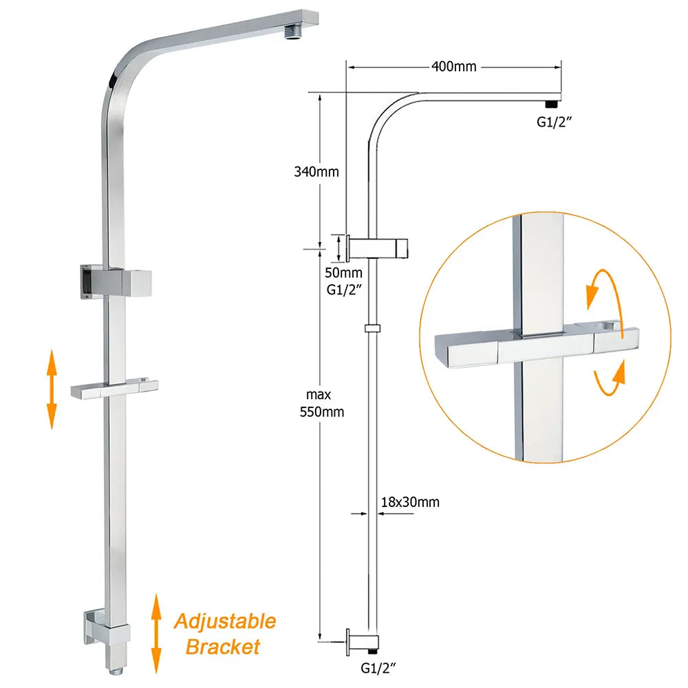 Chrome Twin Square Shower Set 8" Rain Shower Head 3 Function Handheld Rail Arm Mixer - Image 3